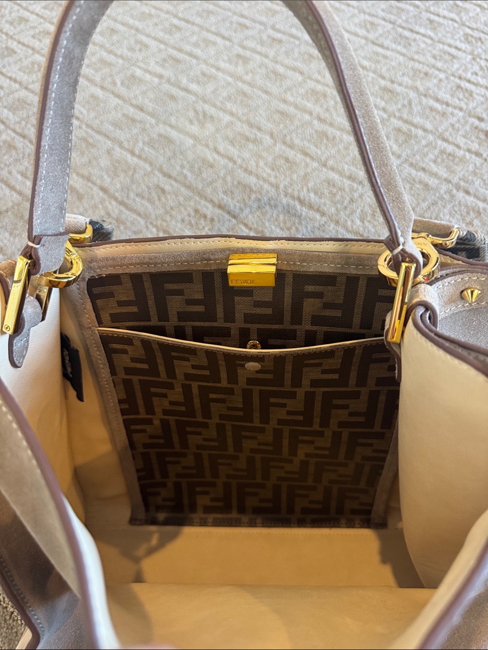 Fendi Taupe Leather Shoulder Bag with Logo Webbing Strap - Picture 2 of 3